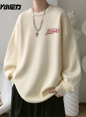 小尼力美式卡通涂鸦套头毛衣男冬季圆领针织衫慵懒感休闲情侣内搭