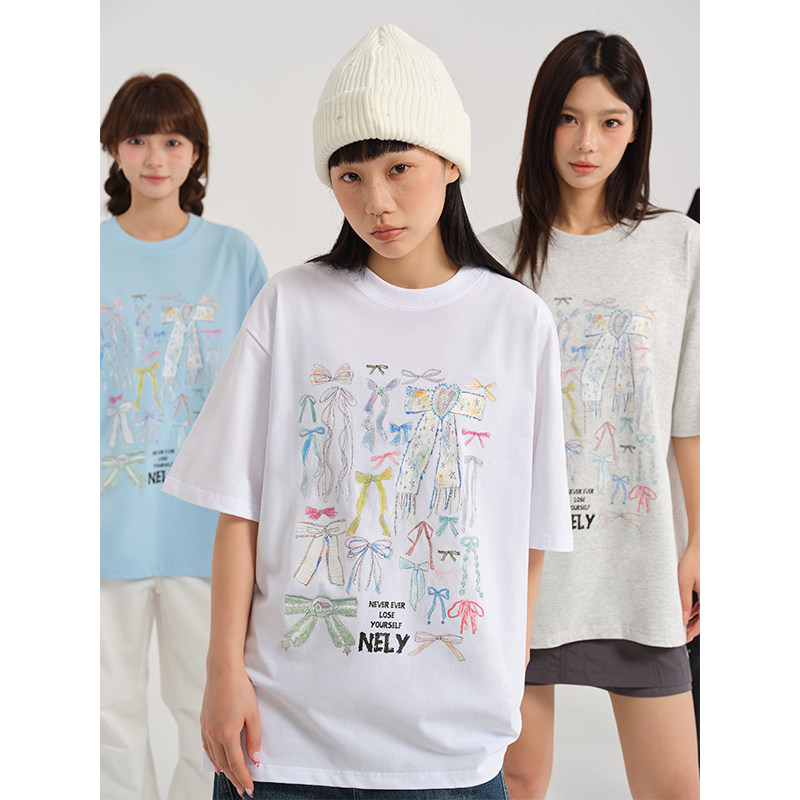 NELY小尼力潮牌美式复古蝴蝶结T恤男女夏季新款2025短袖情侣上衣,男装,T恤,淘宝优惠券,粉丝福利购,淘宝优惠卷