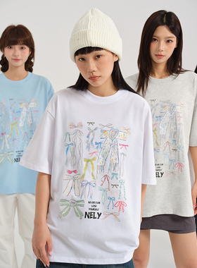 NELY小尼力潮牌美式复古蝴蝶结T恤男女夏季新款2026短袖情侣上衣