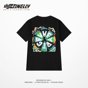 打底衫 2025夏季 T恤男日系几何印花青少年宽松半袖 美式 潮牌短袖