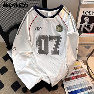 美式hiphop高街V领长袖T恤外套男女镂空网眼球衣嘻哈街舞垂感上衣