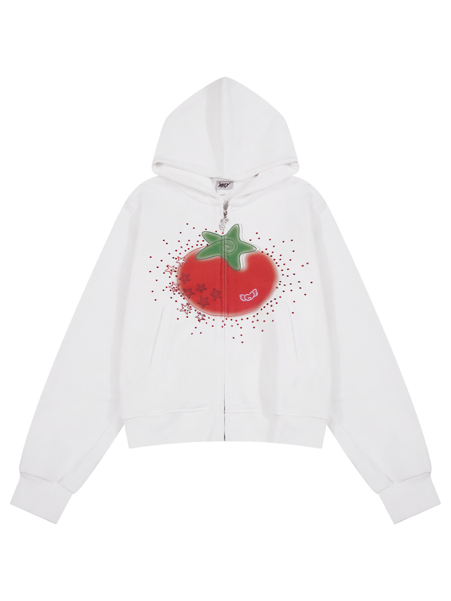 Spring New Creative Tomato Print Hooded Sweatshirt for Women with Rhinestones, Korean Style Lazy Coat