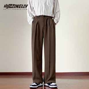 九分裤 ins春夏美式 男薄款 垂感西裤 复古宽松直筒青少年咖色休闲裤