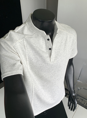 ins亨利领小领口短袖男款夏季美式高街华夫格t恤高级感痞帅半袖