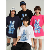 宽松情侣体恤衫 可爱兔子印花重磅纯棉短袖 t恤男女潮牌潮流ins夏季
