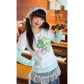 小尼力潮牌撞色格子条纹假两件长袖 T恤夏季 宽松学院风情侣上衣