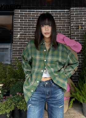 ins潮牌磨毛格子衬衫男女夏天上衣复古宽松格纹长袖衬衣情侣外套