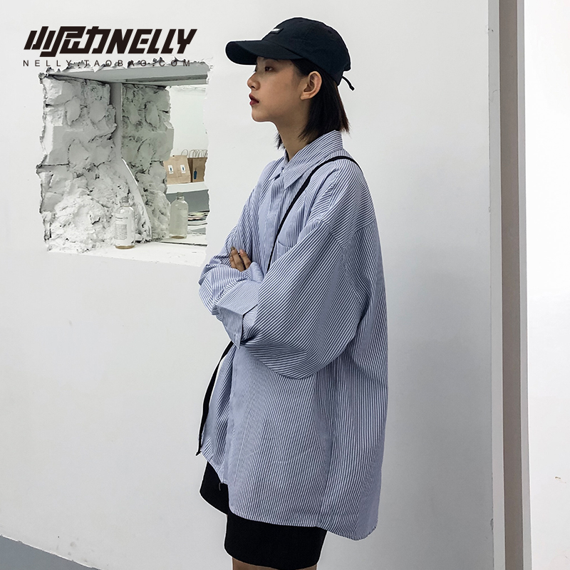 小尼力自制ins小众设计感蓝白竖条衬衫男女长袖衬衣BF风上衣外套