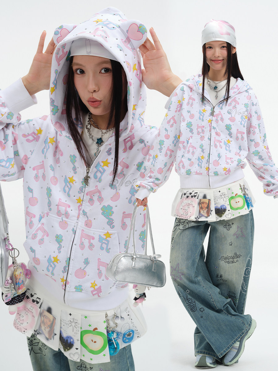 American Street Style Y2K Musical Note Rhinestone Youthful Hooded Sweatshirt Energetic Sweet Cool Cardigan Jacket