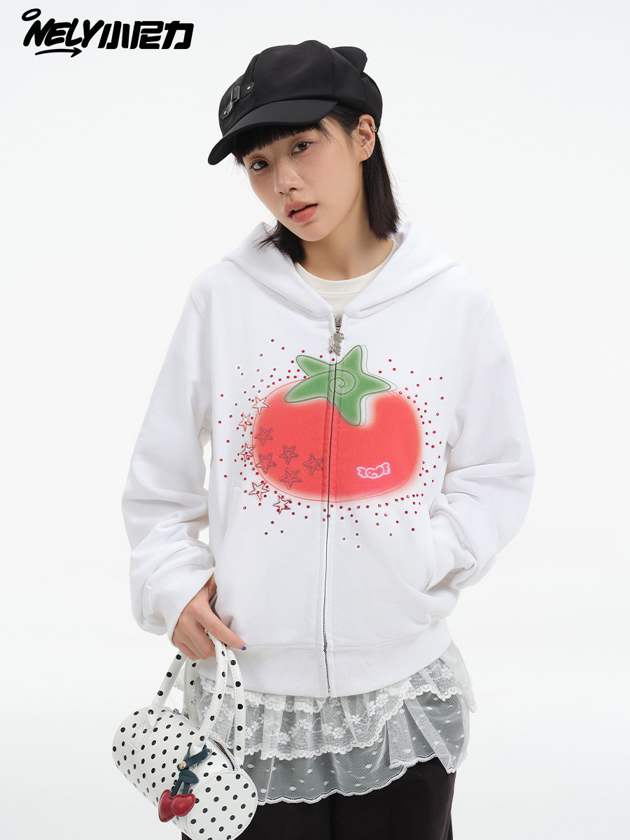Spring New Creative Tomato Print Hooded Sweatshirt for Women with Rhinestones, Korean Style Lazy Coat
