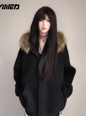 ins美式复古毛领连帽卫衣男女秋冬潮加绒重磅高级感情侣开衫外套