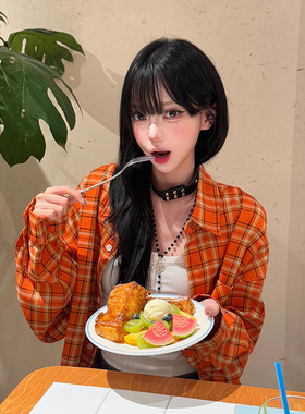 美式复古橙色格子长袖衬衫女宽松百搭休闲高街新款情侣衬衣外套潮