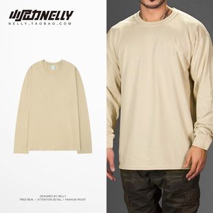 男T恤 下摆圆领长袖 高街百搭超长袖 子素色纯色打底加长款