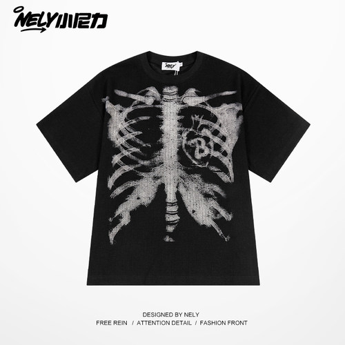 小尼力复古嘻哈骨头短袖T恤