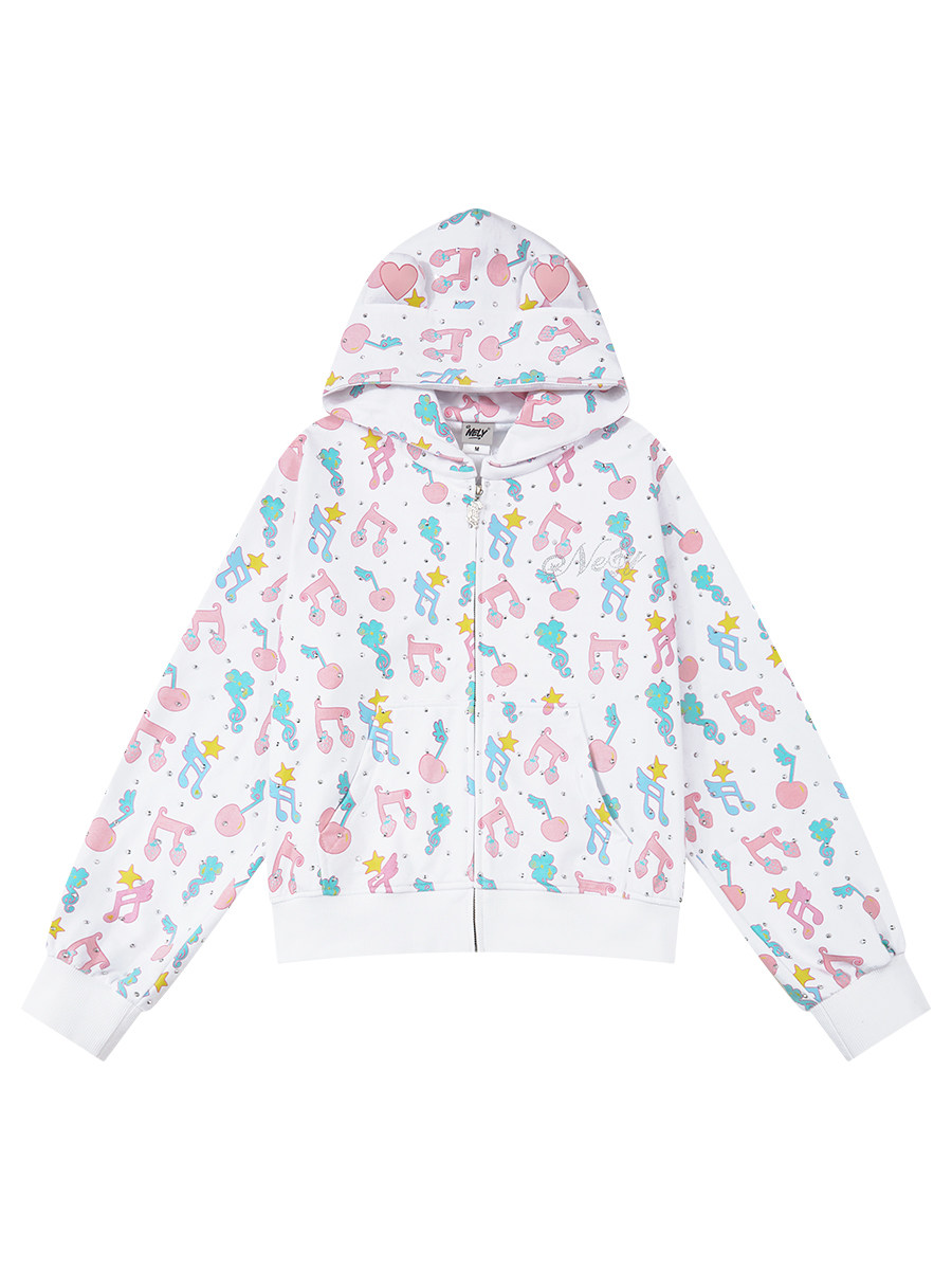 American Street Style Y2K Musical Note Rhinestone Youthful Hooded Sweatshirt Energetic Sweet Cool Cardigan Jacket