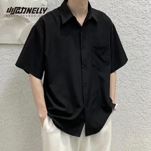 日系简约纯色短袖衬衫百搭情侣