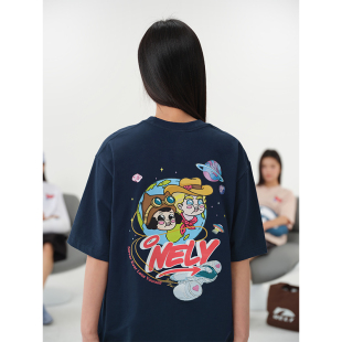 oversize潮牌宇航员卡通T恤运动宽松大码 男女bf 百搭休闲纯棉短袖