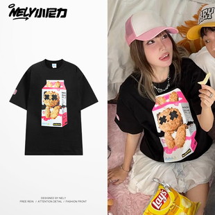 美式 t恤男女夏欧美街头风oversize上衣 复古潮牌兔子卡通纯棉短袖