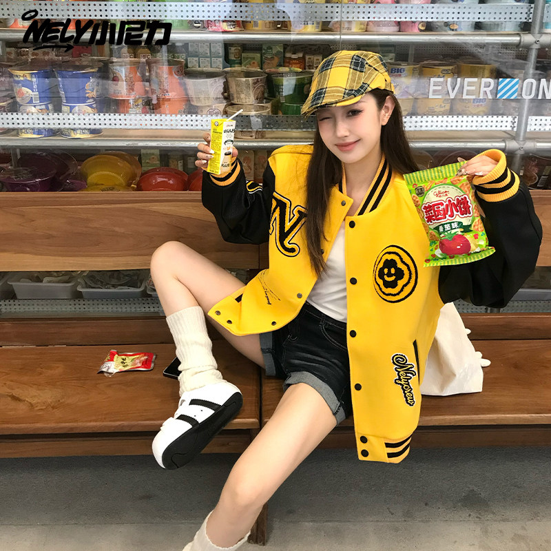 小尼力复古国潮牌情侣美式复古撞色棒球服夹克毛巾绣夹棉外套男女