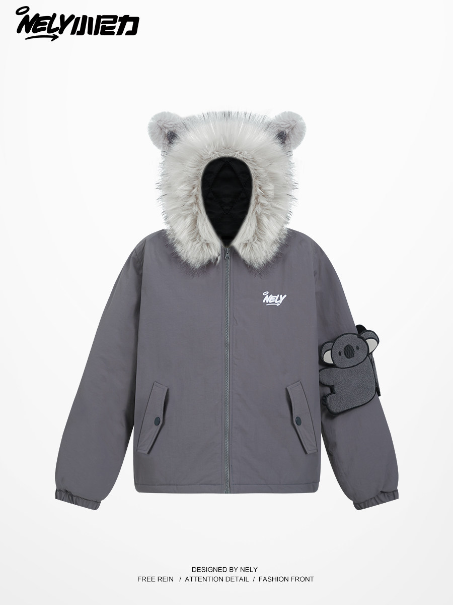 Creative Design Koala Fur Collar Cotton Jacket for Men and Women, Winter Couple Workwear Cotton Coat