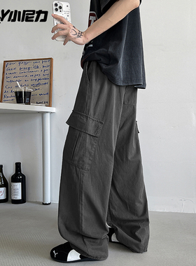 NELY小尼力工装裤子男夏季大口袋松紧腰直筒潮牌宽松阔腿休闲长裤