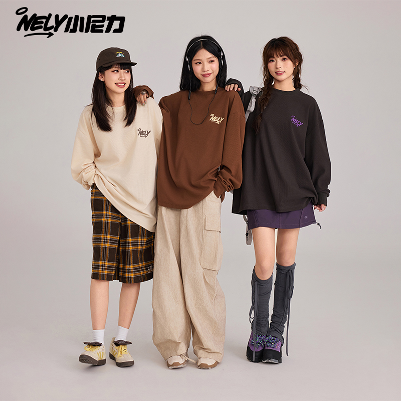 华夫格长袖T恤宽松休闲