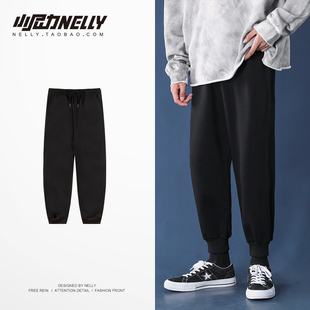 黑色运动裤男女针织bf裤子复古束脚裤秋冬ins潮宽松直筒休闲卫裤