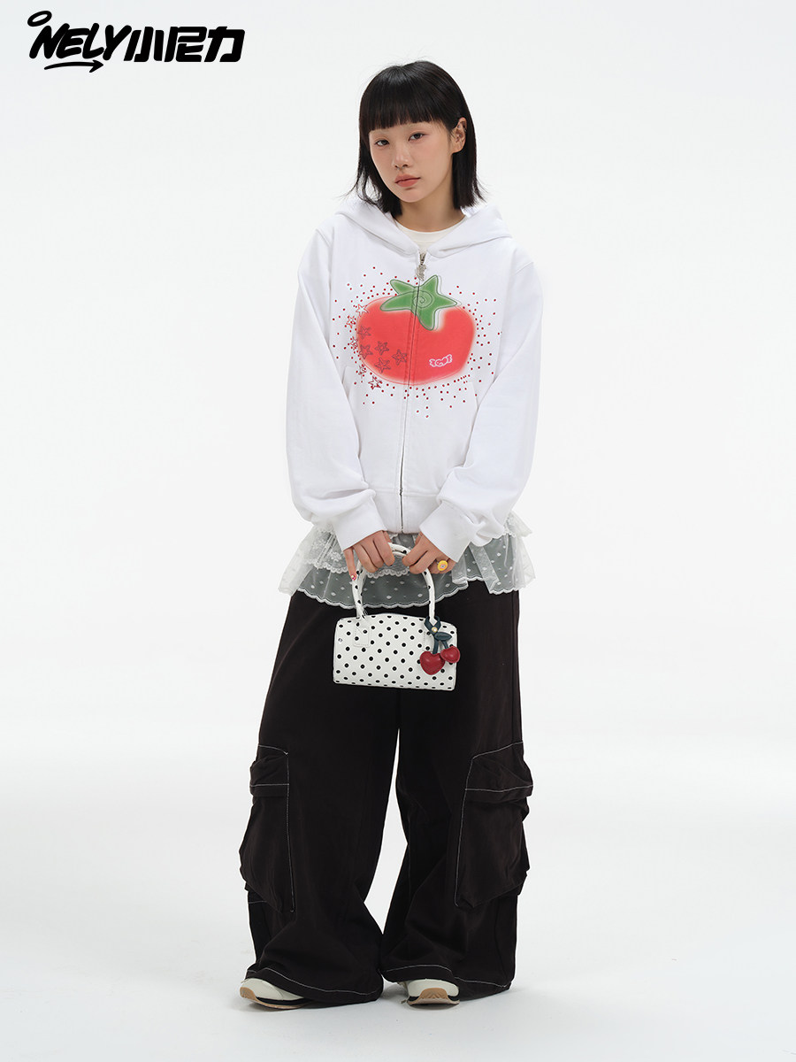 Spring New Creative Tomato Print Hooded Sweatshirt for Women with Rhinestones, Korean Style Lazy Coat