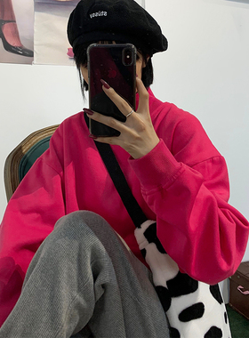 纯色加绒卫衣ins男女宽松韩版高领加厚玫红色中长款复古外套冬