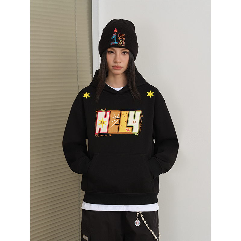 NELY小尼力国潮牌美式拼贴字母刺绣连帽卫衣男女加绒宽松保暖上衣