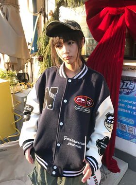NELY小尼力潮牌毛巾绣设计感美式撞色字母棒球服男女街头夹克外套