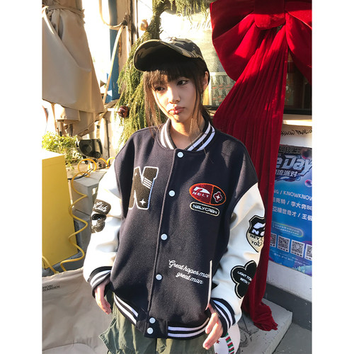 NELY小尼力潮牌毛巾绣设计感美式撞色字母棒球服男女街头夹克外套