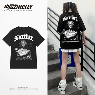 宽松五分袖 高街复古t恤男嘻哈短袖 夏季 潮流潮牌ins男生体恤原宿风