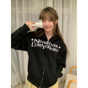 外套boxy版 开衫 型 复古印花拉链连帽卫衣男女秋季 英文字母印花美式