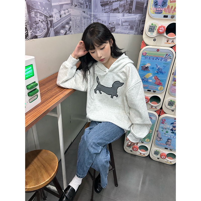 nely小尼力「格子小狗」格纹贴布绣潮牌春秋连帽卫衣上衣情侣男女