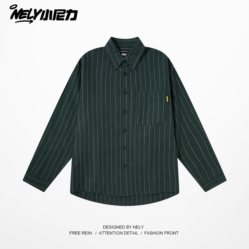 小尼力日系复古竖条纹长袖衬衫男秋季潮牌宽松情侣休闲衬衣外套,男装,衬衫,淘宝优惠券,粉丝福利购,淘宝优惠卷