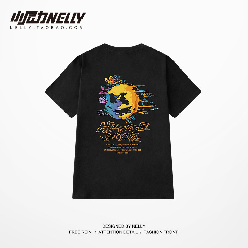 여름 신상품 일본 웃는 얼굴 프린트 반팔 티셔츠 남성용 트렌디 루즈 인 순수 코튼 반소매 탑 남성과 여성 BF