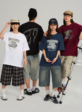 美式街头嘻哈短袖T恤男女设计感字母oversize汽车印花情侣上衣服