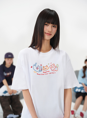 NELY小尼力潮牌可爱猫咪印花短袖男女夏季2026新款宽松圆领T恤tee
