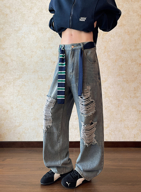 美式复古牛仔裤男高街小众设计感破洞宽松阔腿裤子潮2026春季新款