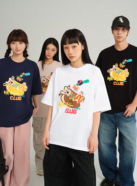 美式卡通猫咪印花圆领短袖男女夏季2026情侣纯棉t恤半袖打底衫潮