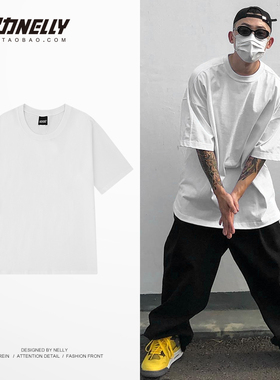 ins重磅厚实纯棉纯色短袖T恤男女同款全棉圆领打底衫潮白色半袖