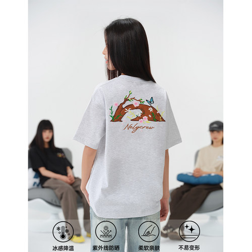 NELY小尼力凉感防晒upf50+夏季花卉刺绣短袖T恤男女上衣服潮tee
