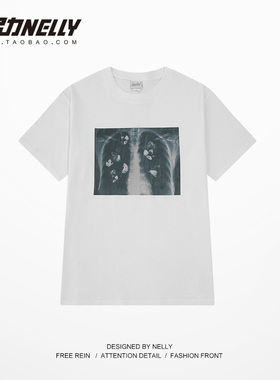 小尼力bf原创潮胸透心脏印花心机纯棉破坏宽松情侣短袖t恤男女