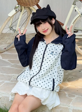 nely小尼力插肩波点连帽防晒冲锋衣薄款女款休闲短款风衣夹克外套