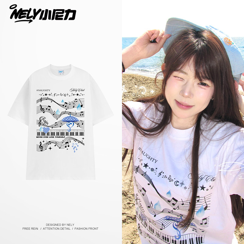 ins日系甜美音符钢琴印花短袖t恤女夏季宽松休闲少女感百搭半袖