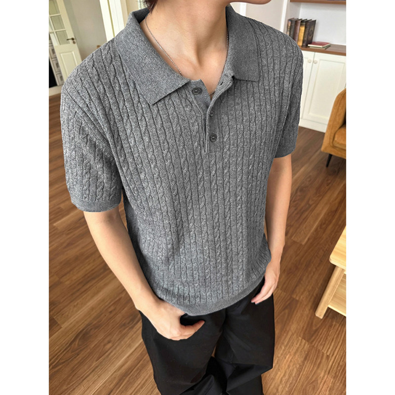 美式复古麻花polo衫针织短袖男款夏季老钱风正肩t恤cleanfit半袖