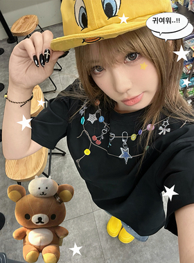 小尼力ins美式复古潮牌项链冰感短袖t恤男女潮牌宽松休闲情侣上衣