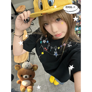 小尼力ins美式 t恤男女潮牌宽松休闲情侣上衣 复古潮牌项链冰感短袖