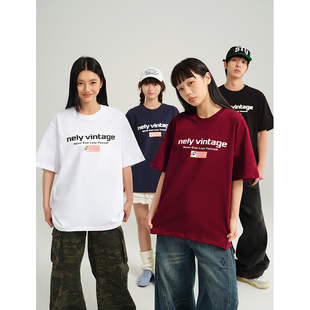 情侣装 t恤男女夏季 宽松上衣 短袖 NELY小尼力重磅字母印花运动美式